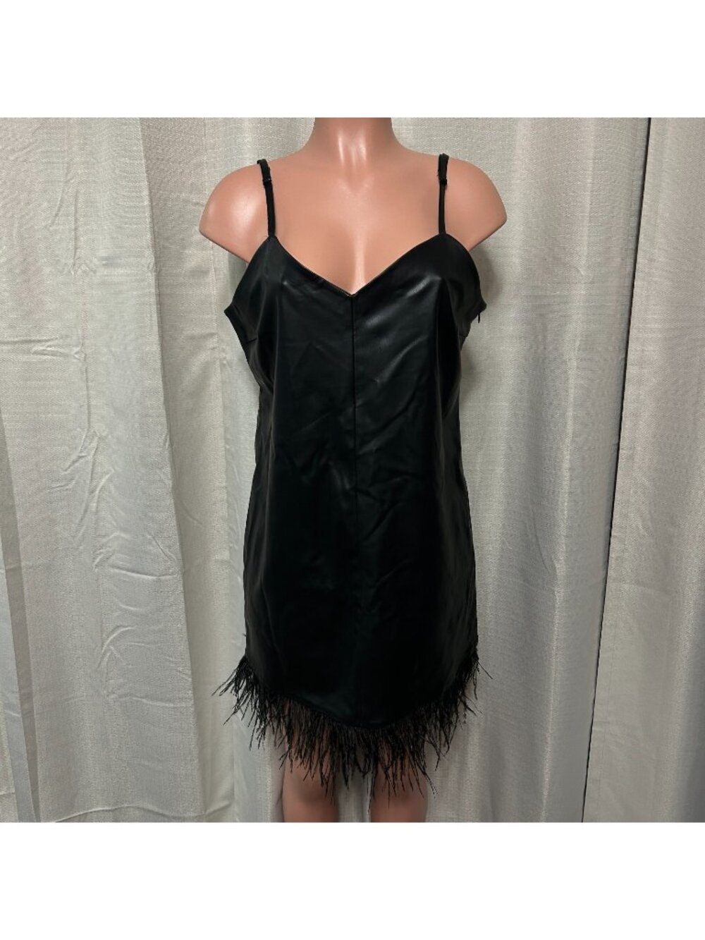 Lamarque Mollie Faux Leather Feather Trim Mini Dress Women's Size L Black NWT